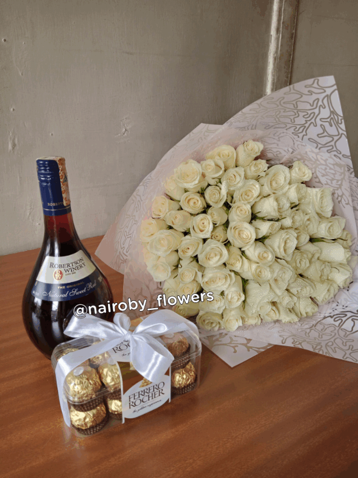 80 WHITE ROSES, SWEET ROBERTSON WINE & FERRERO CHOCOLATES