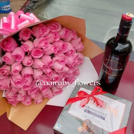 PINK ROSES, GUYLIAN CHOCOLATE AND PIERRE MARCEL WINE