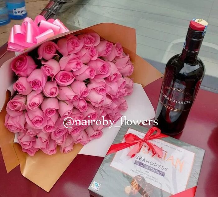 PINK ROSES, GUYLIAN CHOCOLATE AND PIERRE MARCEL WINE