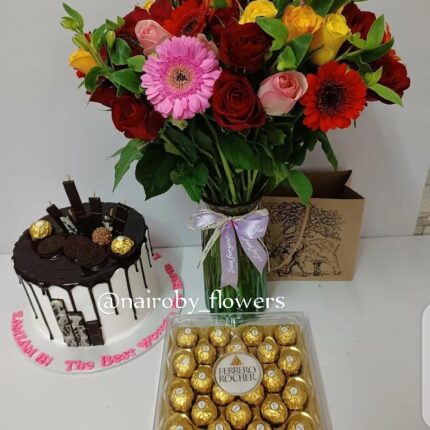 CAKE, FERRERO CHOCOLATES & VASE FLOWERS