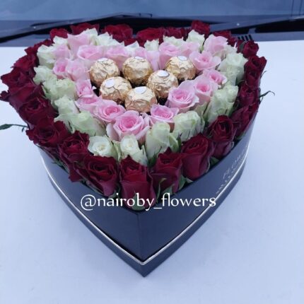 HEART BOX WITH ROSES & FERRERO CHOCOLATES