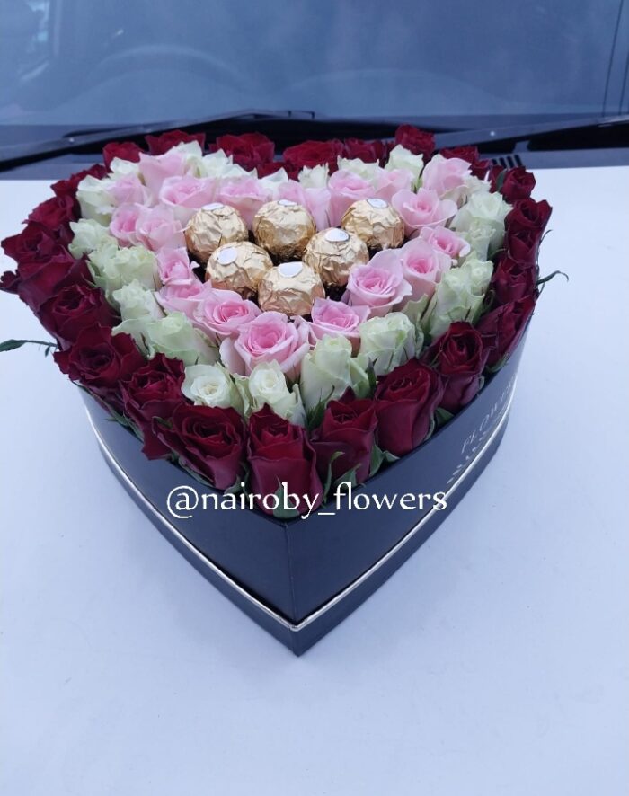 HEART BOX WITH ROSES & FERRERO CHOCOLATES