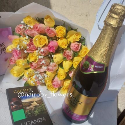 NON-ALCOHOLIC WINE, CHOCOLATE AND ROSES BOUQUET