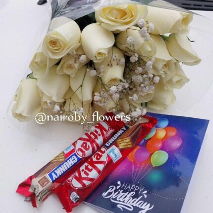 KITKAT CHOCOLATES AND WHITE ROSES