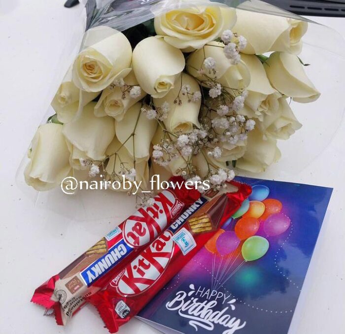 KITKAT CHOCOLATES AND WHITE ROSES