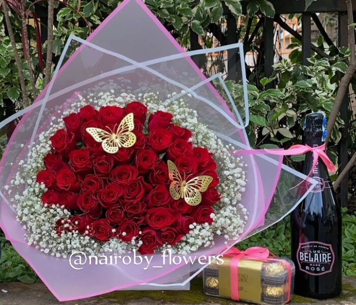 BELAIRE CHAMPAGNE, FERRERO CHOCOLATES AND RED ROSES