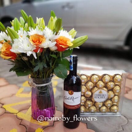 VASE FLOWERS, 24 FERRERO CHOCOLATES & SWEET WINE
