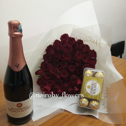 FRAGOLINO,RED ROSES BOUQUET & FERRERO CHOCOLATES