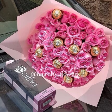 FASIO PERFUME, FERRERO CHOCOLATES WITH PINK ROSES