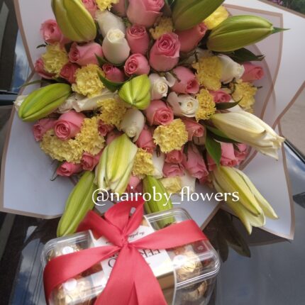 LILIES CARNATIONS BOUQUET & FERRERO CHOCOLATES