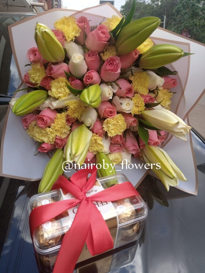 LILIES CARNATIONS BOUQUET & FERRERO CHOCOLATES