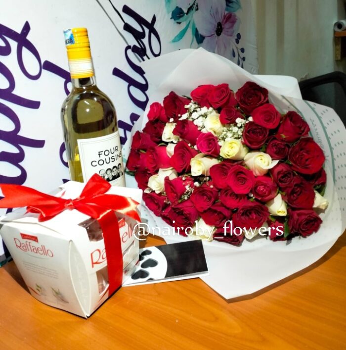 FOUR COUSINS WINE, RAFFAELLO CHOCOLATE AND BOUQUET