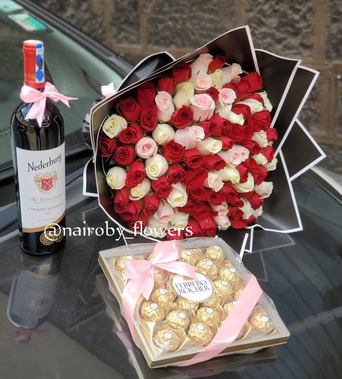 NEDEBURG WINE, 24 FERRERO CHOCOLATES & 60 MIXED ROSES BOUQUET