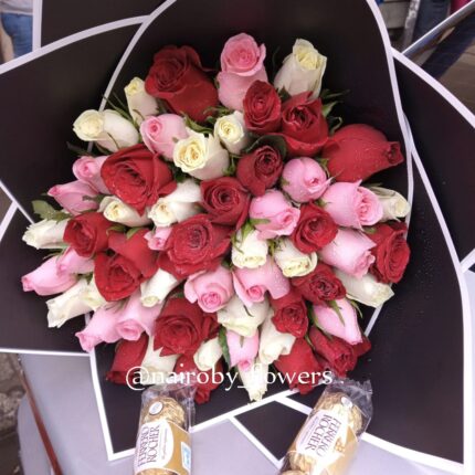 DOUBLE FERRERO CHOCOLATES & COLORFUL BOUQUET