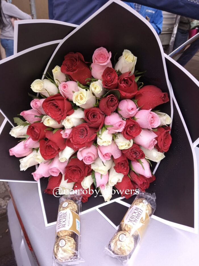 DOUBLE FERRERO CHOCOLATES & COLORFUL BOUQUET