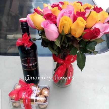 ROSES VASE, FERRERO CHOCOLATES & PIERRE MARCEL WINE
