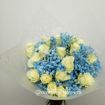 BLUE BABY BREATH AND WHITE ROSES