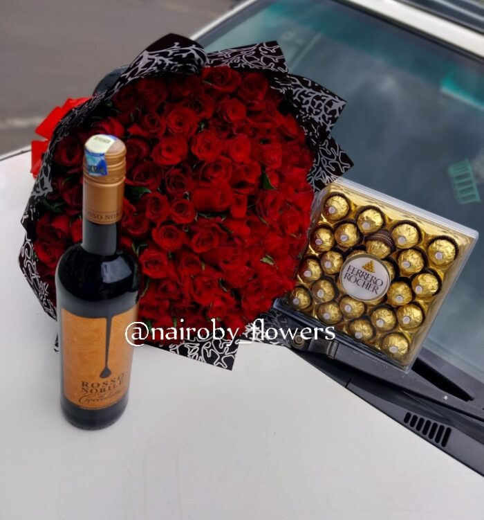 100 RED ROSES, ROSSO NOBILE WINE & 24 FERRERO CHOCOLATE