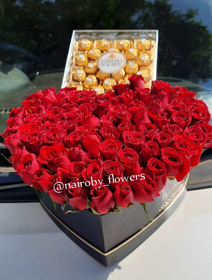 RED ROSES HEART BOX & 24 FERRERO CHOCOLATES