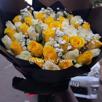 FORTY BLAZING YELLOW & WHITE ROSES