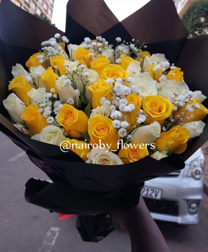 FORTY BLAZING YELLOW & WHITE ROSES