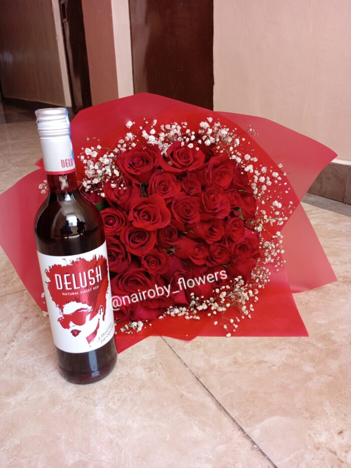 50 ROSES WITH BABY BREATH & DELUSH SWEET RED WINE
