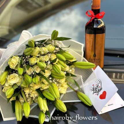 ROSSO NOBILE WINE & A LILIES AND ROSES BOUQUET