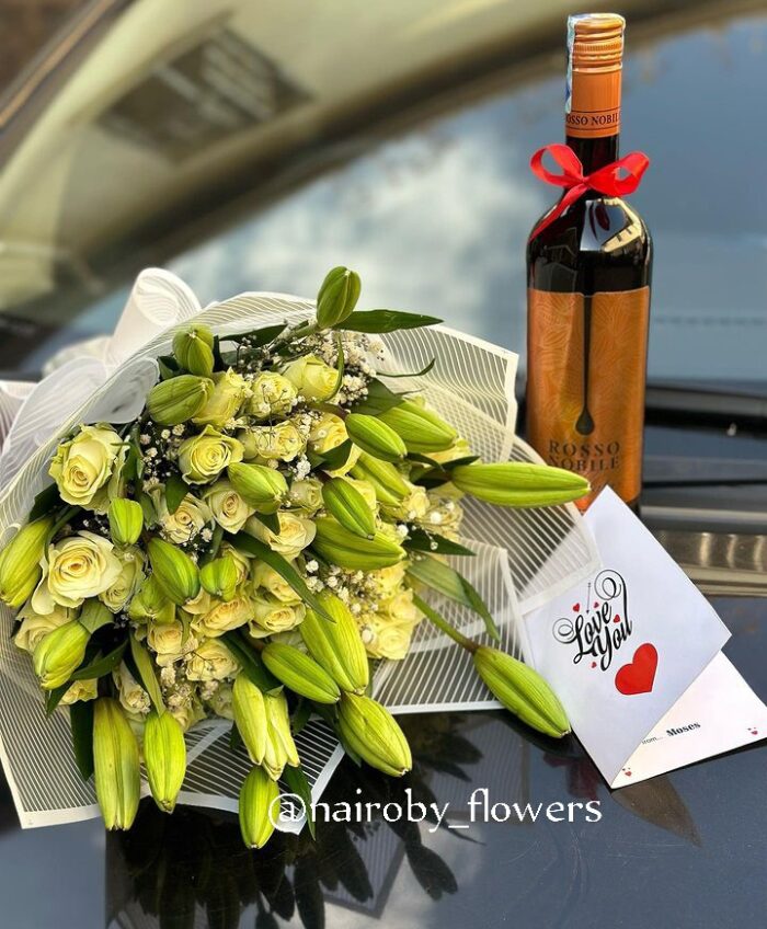 ROSSO NOBILE WINE & A LILIES AND ROSES BOUQUET
