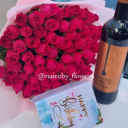 HOT PINK ROSES BOUQUET & ROSSO NOBILE WINE
