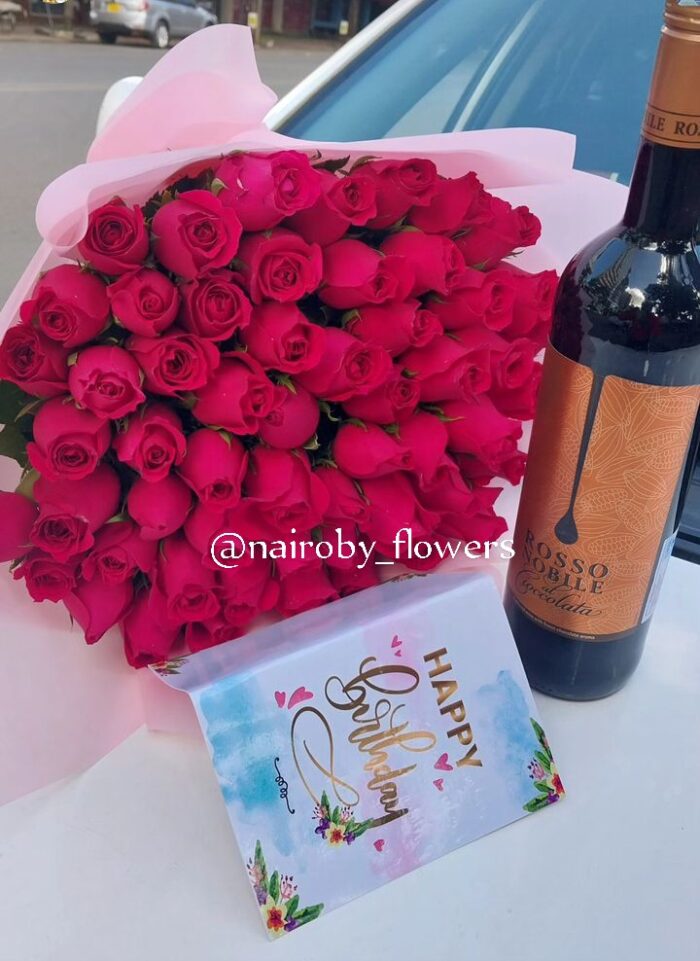 HOT PINK ROSES BOUQUET & ROSSO NOBILE WINE
