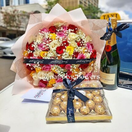 MOET CHAMPAGNE, 24 FERRERO CHOCOLATES & 80 MIXED ROSES BOUQUET