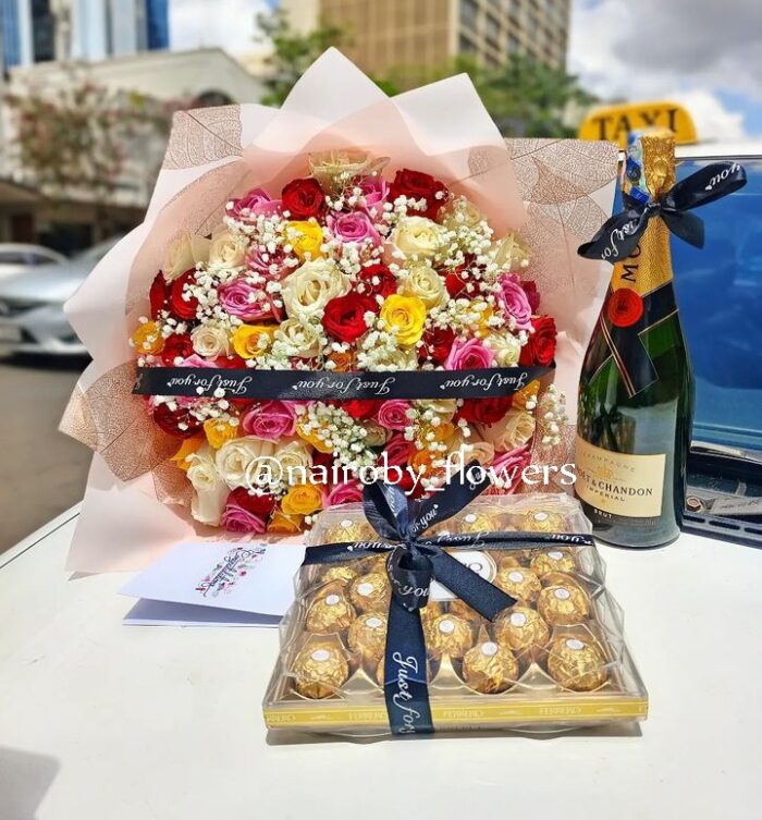 MOET CHAMPAGNE, 24 FERRERO CHOCOLATES & 80 MIXED ROSES BOUQUET