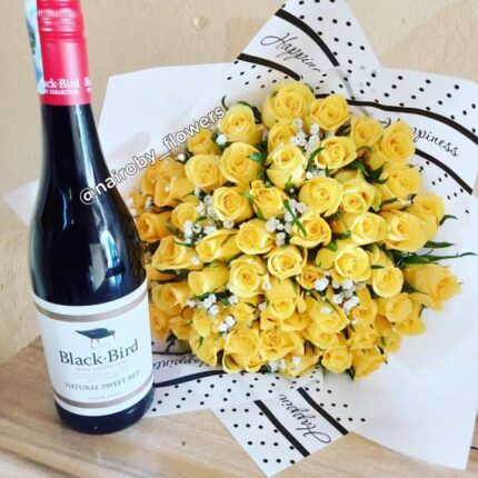 BLACK BIRD WINE & YELLOW ROSES BOUQUET