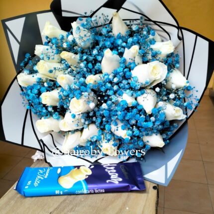 STYLISH BLUE BOUQUET & CHOCOLATE BAR
