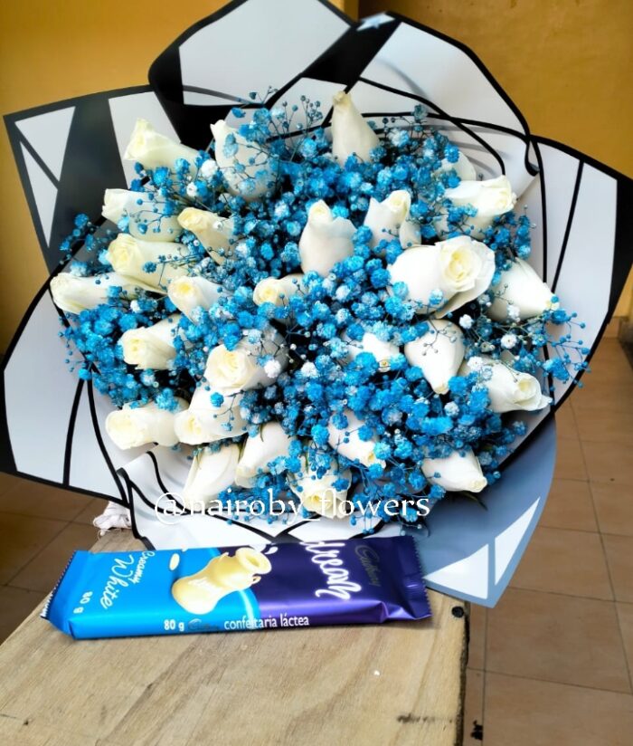 STYLISH BLUE BOUQUET & CHOCOLATE BAR