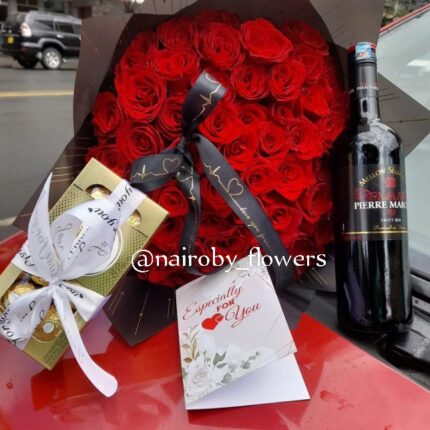 PIERRE MARCEL WINE, FERRERO CHOCOLATES & RED ROSES BOUQUET