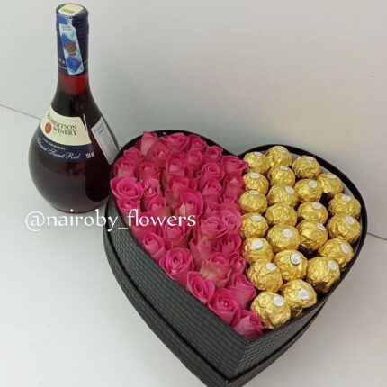 PINK ROSES & FERRERO CHOCOLATES HEART BOX WITH RED ROBERTSON WINE