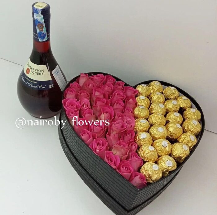 PINK ROSES & FERRERO CHOCOLATES HEART BOX WITH RED ROBERTSON WINE