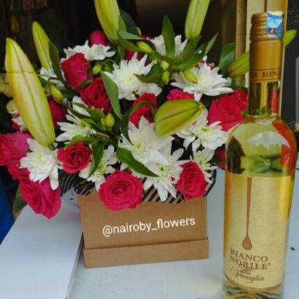 BIANCO NOBILE WINE & BOX FLOWERS ARRANGEMENT