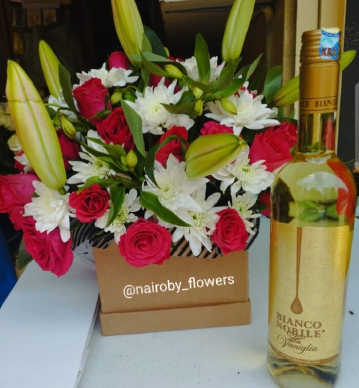 BIANCO NOBILE WINE & BOX FLOWERS ARRANGEMENT