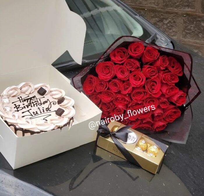 1KG CAKE, FERRERO CHOCOLATES & RED ROSES BOUQUET