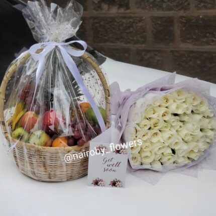 FRESH FRUIT BASKET & WHITE ROSES BOUQUET