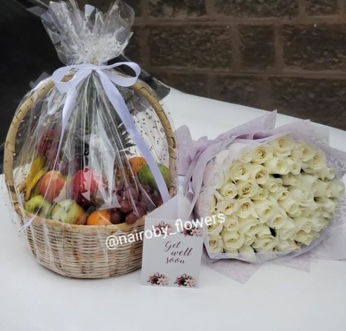 FRESH FRUIT BASKET & WHITE ROSES BOUQUET