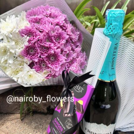FRONTERA WINE, CACHET CHOCOLATE & CHRYSANTHEMUMS BOUQUET