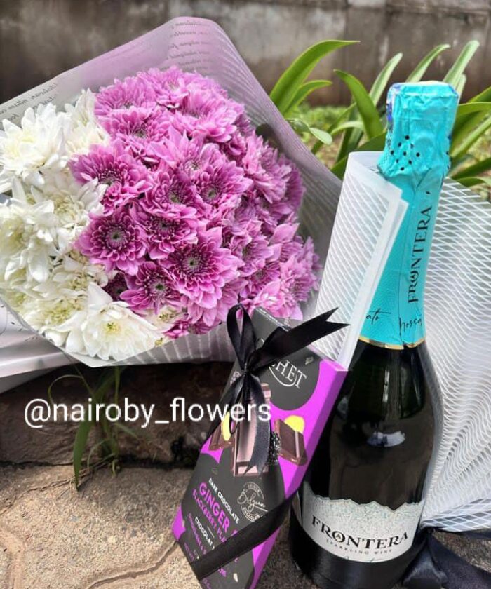 FRONTERA WINE, CACHET CHOCOLATE & CHRYSANTHEMUMS BOUQUET