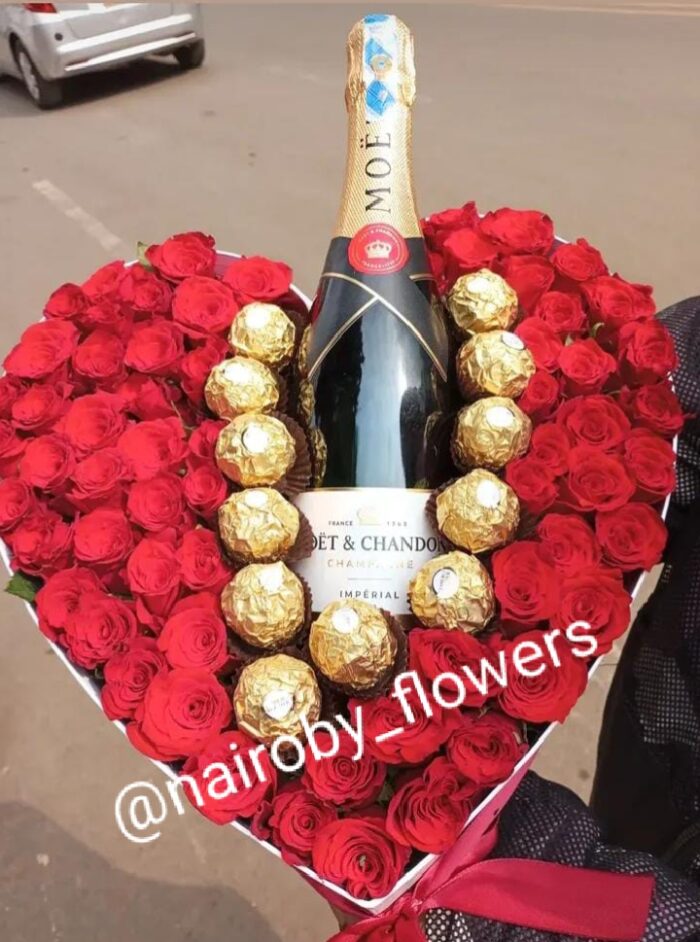 HEART BOX WITH RED ROSES, FERRERO CHOCOLATES & MOET CHAMPAGNE