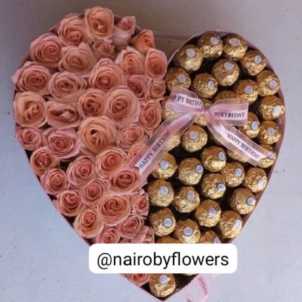 PEACH ROSES & FERRERO CHOCOLATES HEART SHAPED BOX