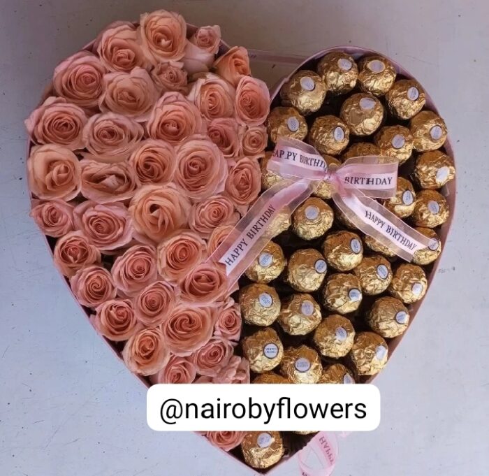 PEACH ROSES & FERRERO CHOCOLATES HEART SHAPED BOX