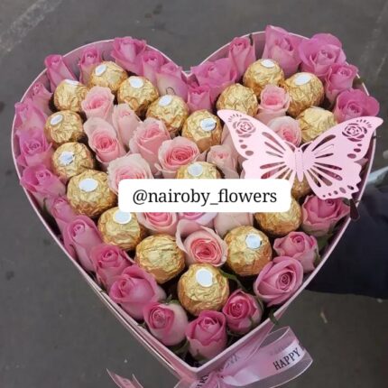 PINK ROSES HEART SHAPED BOX WITH FERRERO ROCHER CHOCOLATES