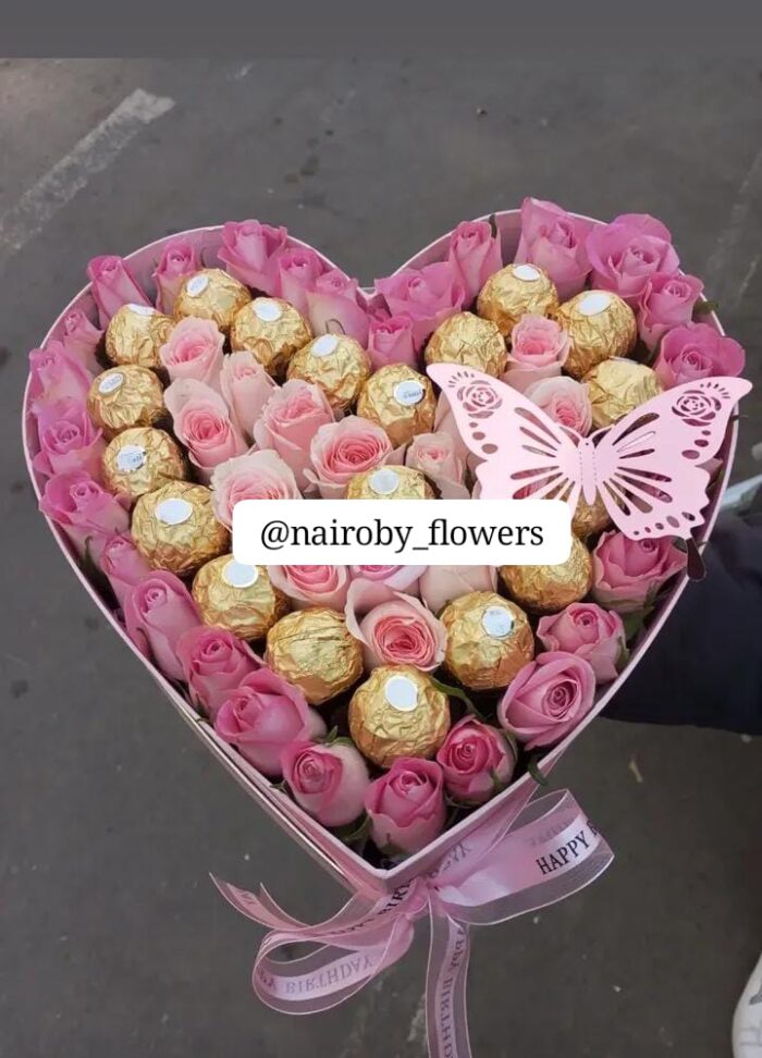 PINK ROSES HEART SHAPED BOX WITH FERRERO ROCHER CHOCOLATES